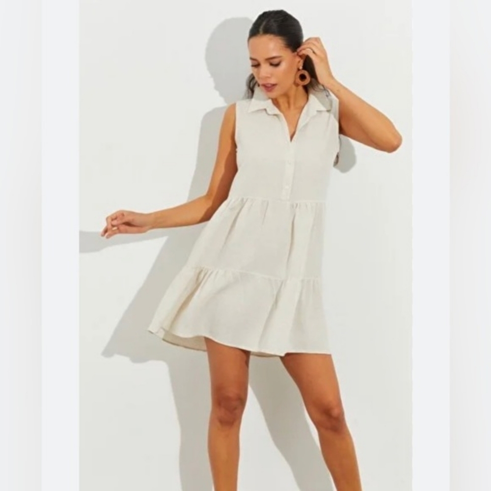 Jessica Simpson Linen Blend Cream Sleeveless Button-Up Dress. Size Large